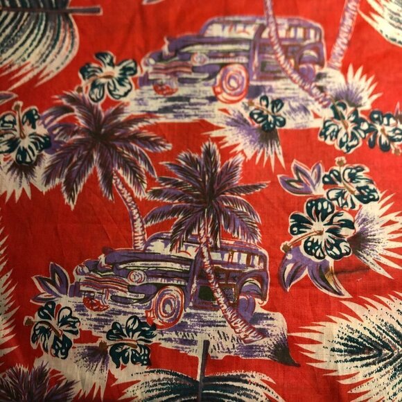 🛒 $20 Vintage Fabric Material - 2 1/8 yards x 60" wide Tropical Old Car Red 957 - Picture 1 of 3